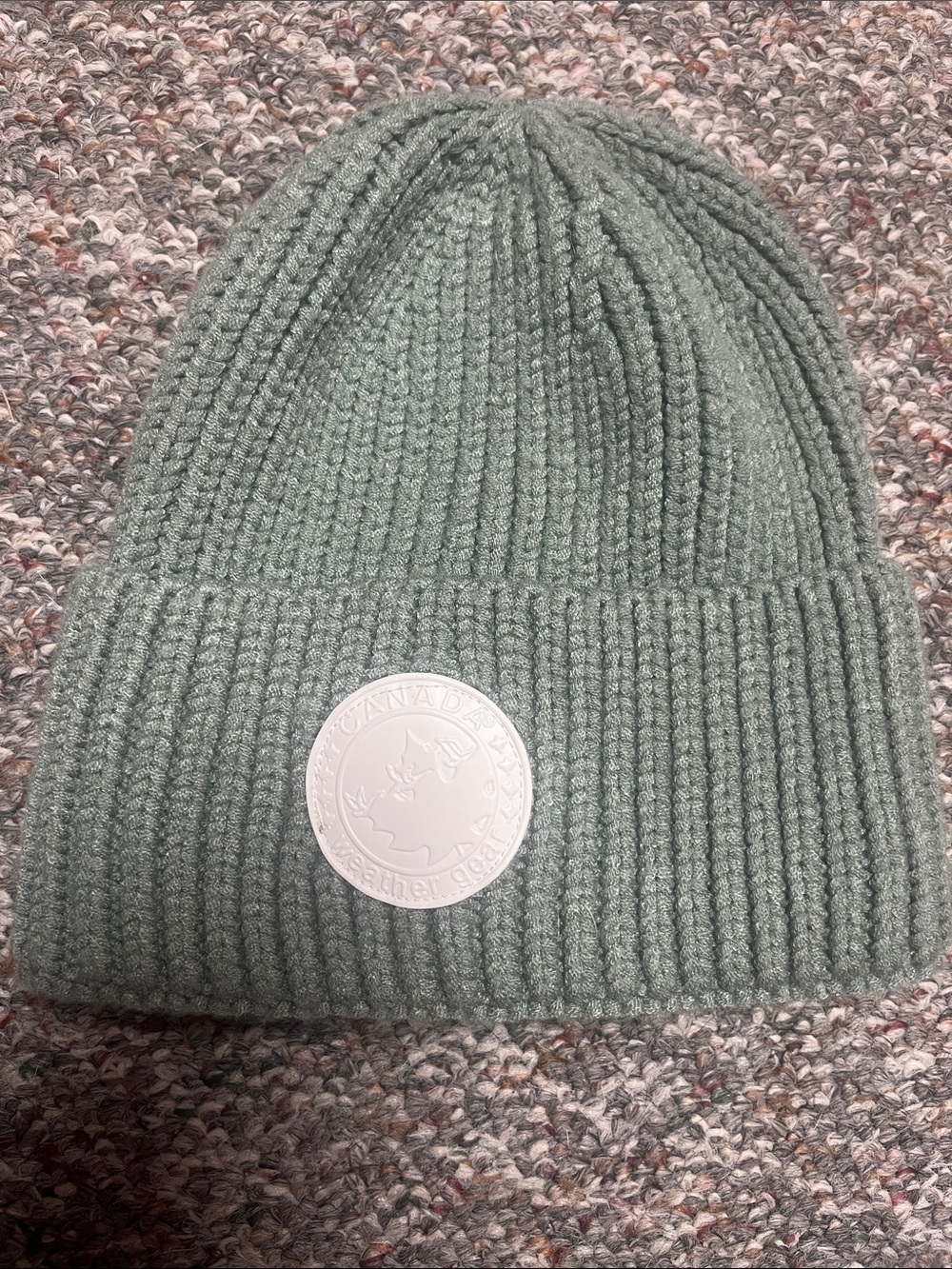 Sage Green Ribbed Knit Cuff Beanie with Round Patch